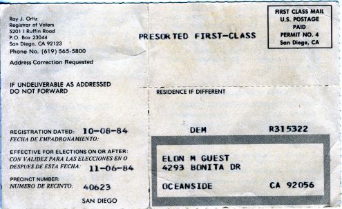 Gramma's 1984 voter registration card