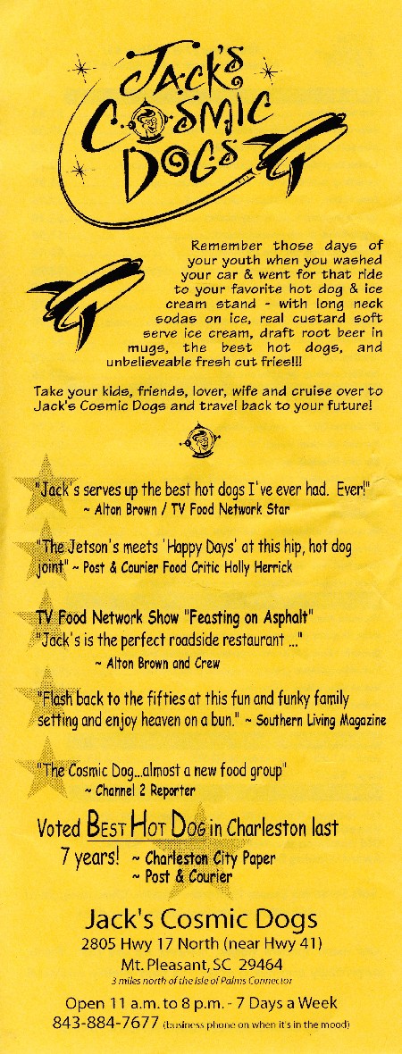 Jack's Cosmic Dogs menu (front)