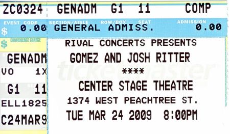 Josh Ritter, Center Stage Atlanta, 24 March 2009 (ticket stub)