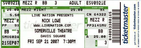 ticket to the Lowe/Sexsmith concert