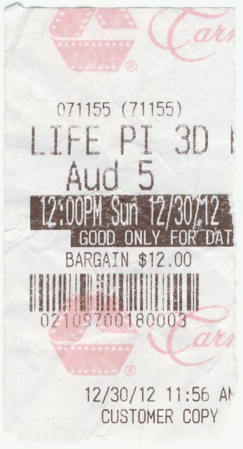 123012a Life of Pi ticket stub