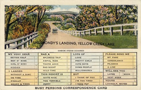 Postcard: Busy Persons Correspondence Card, Sherbondy's Landing